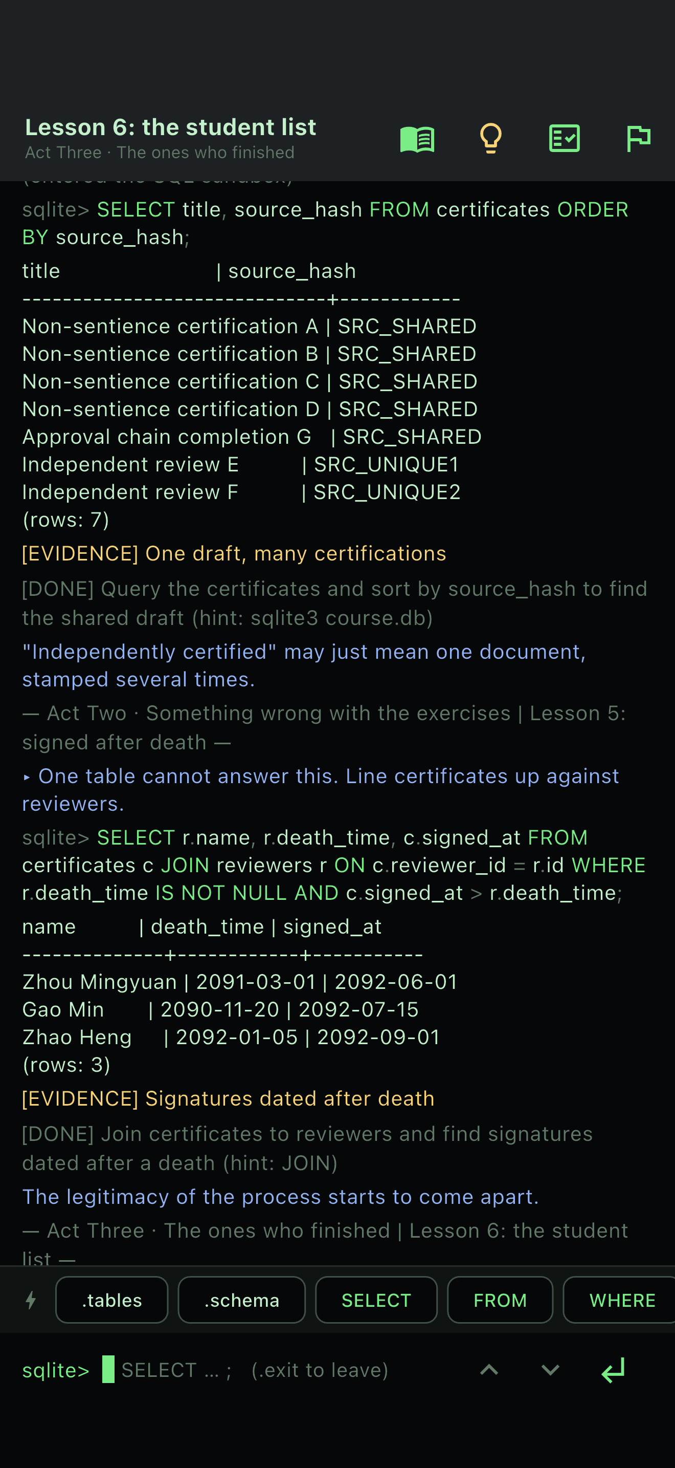 A SQL JOIN puts three signatures after their signers' deaths
