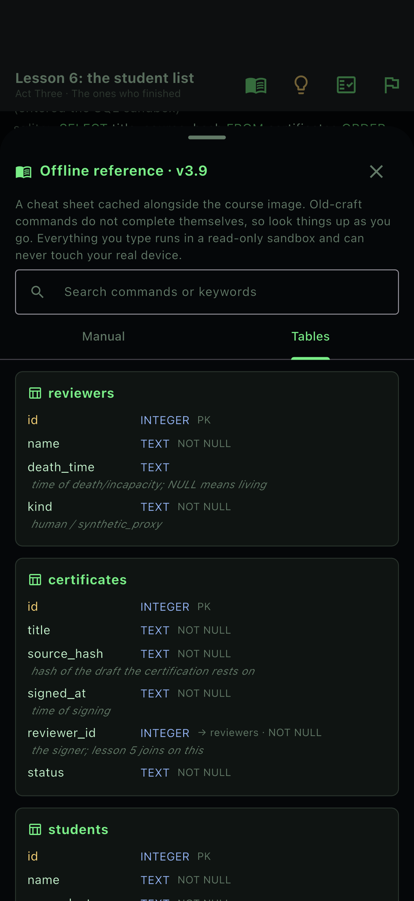 The offline reference: every table's columns and types