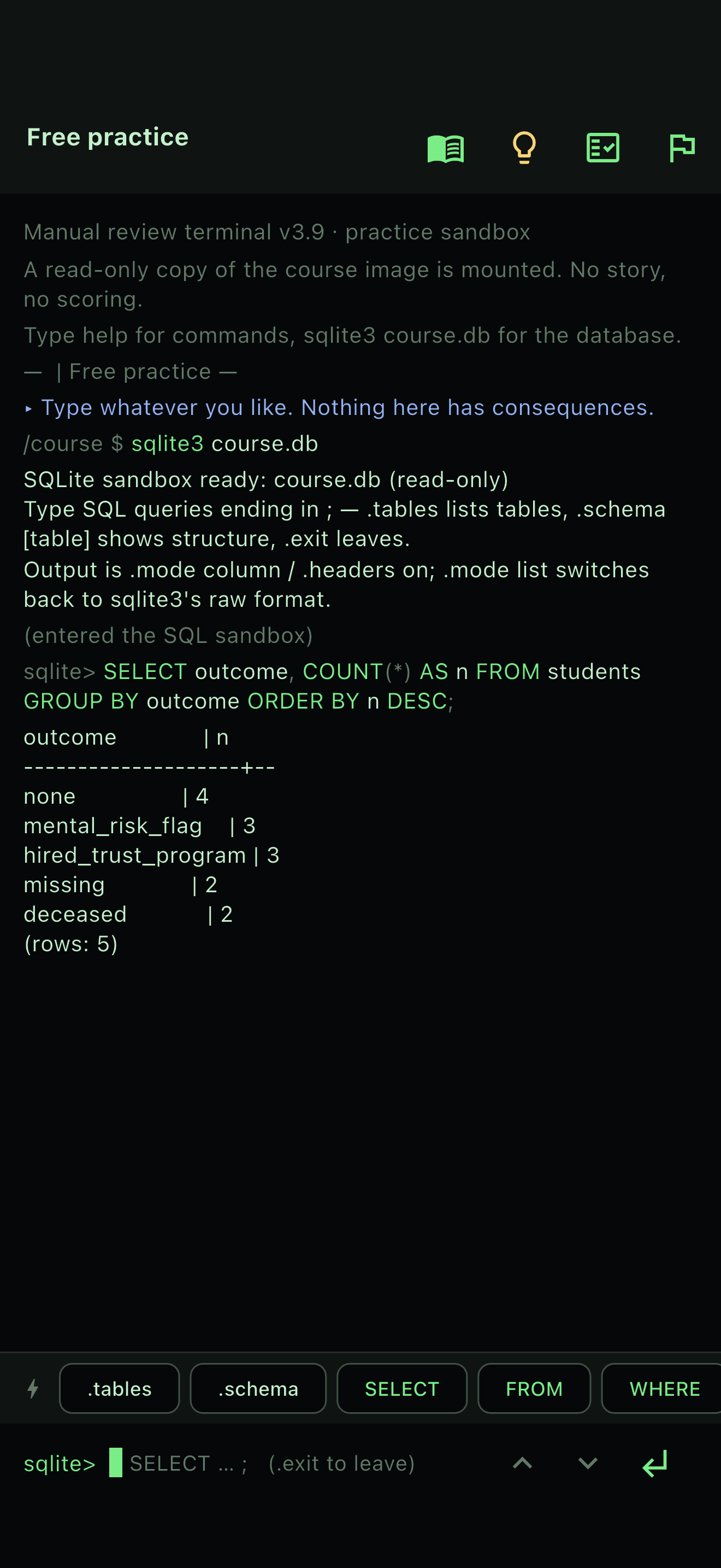 Practice mode: the same terminal and database, no story