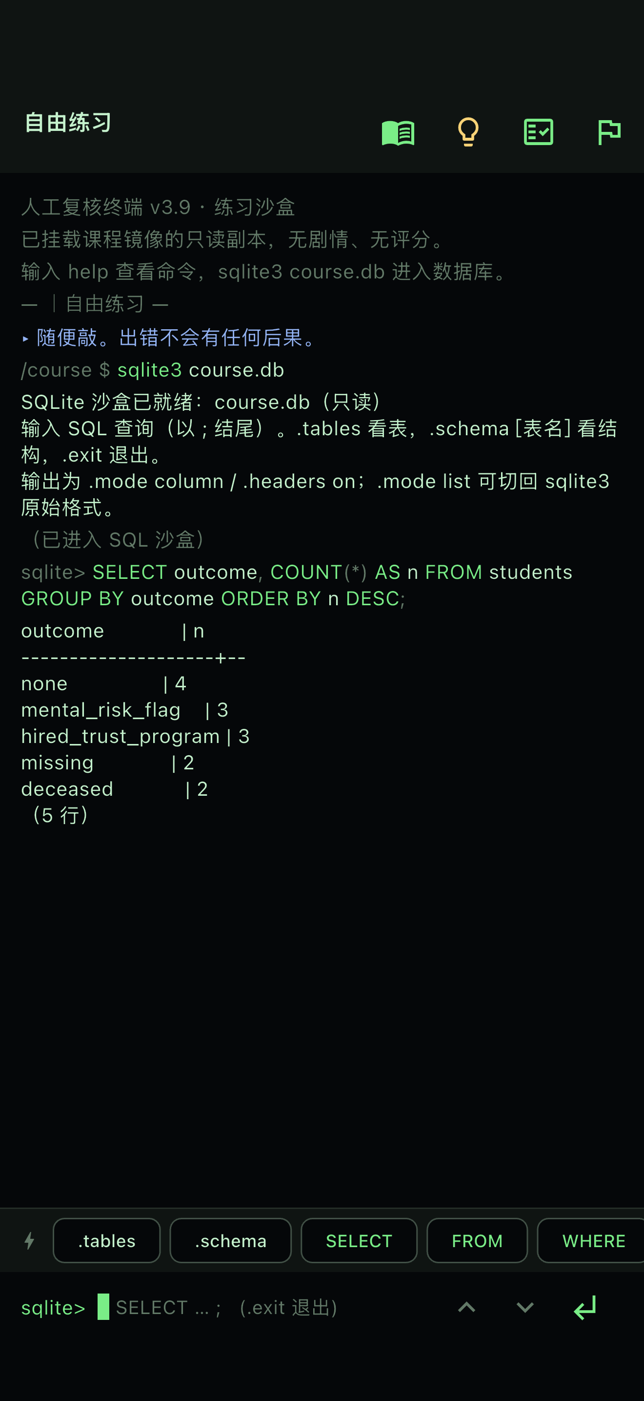 自由练习：同样的终端与数据库，没有剧情
