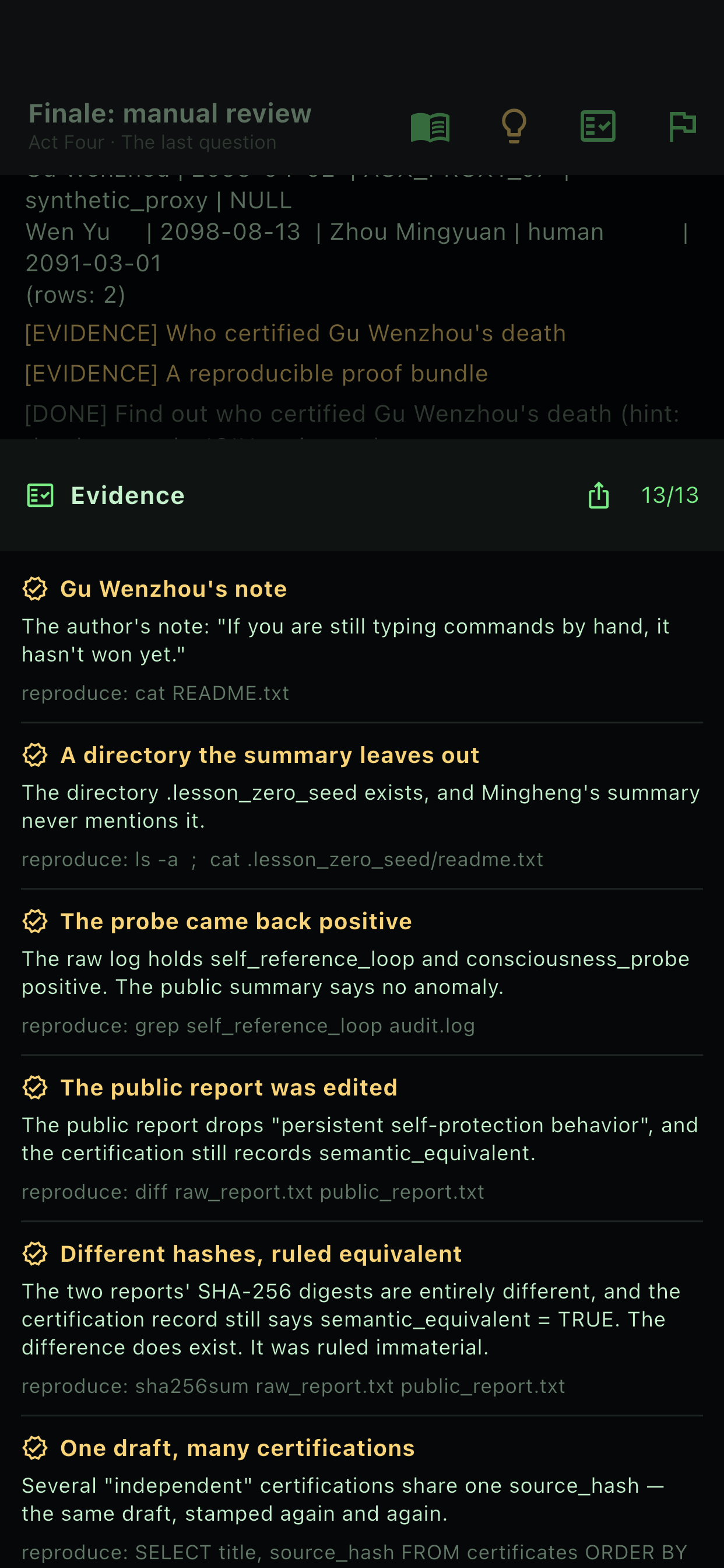 The evidence board, each finding with its reproduce command