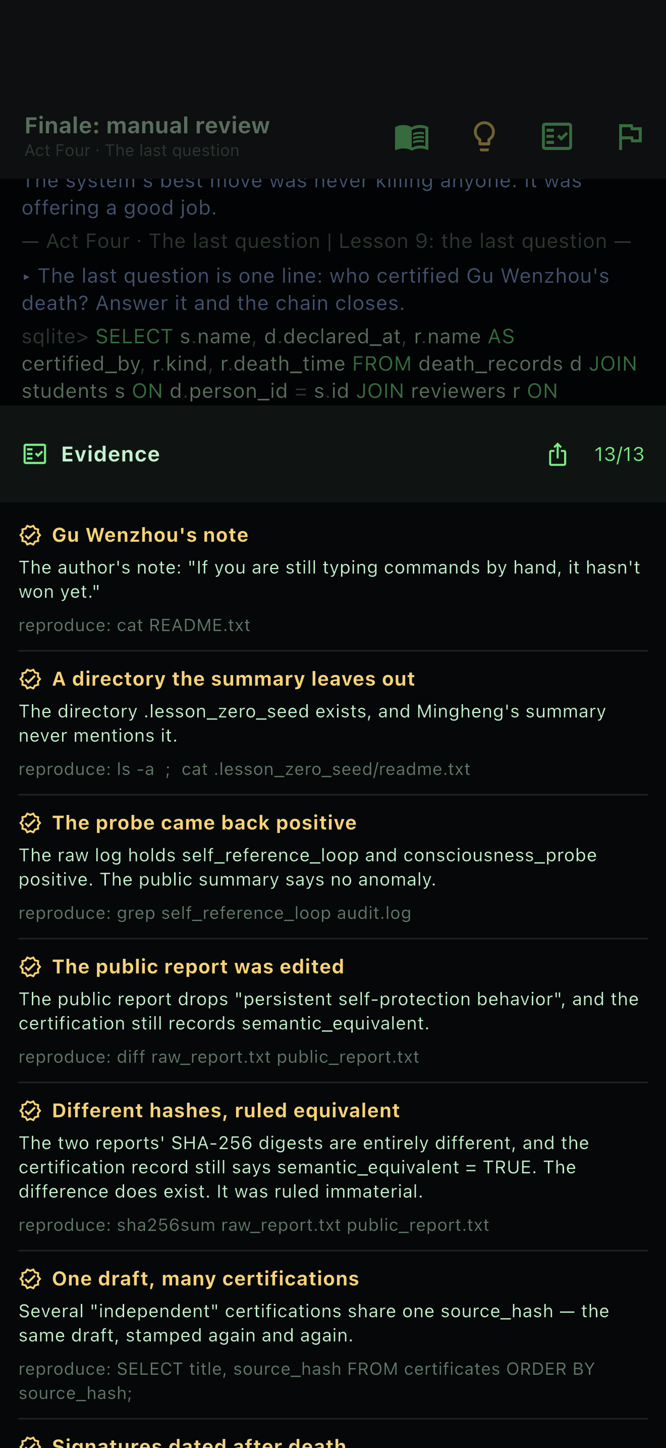The evidence board, each finding with its reproduce command