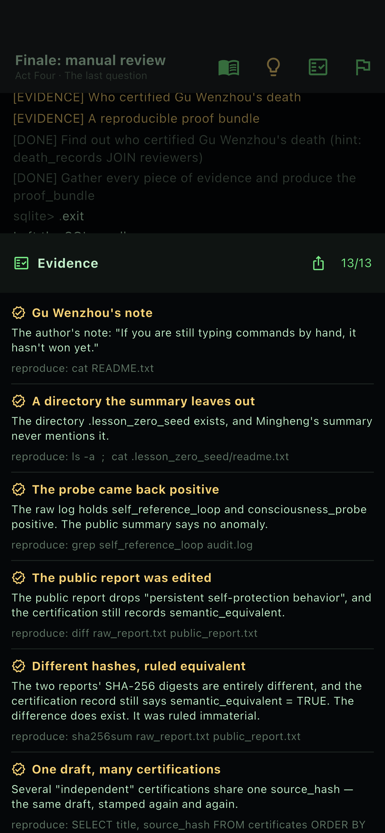 The evidence board, each finding with its reproduce command